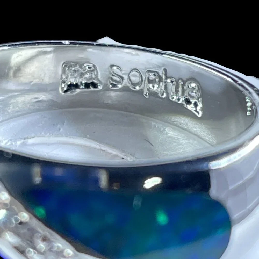 Lia Sophia Blue Green Inlay Ring Silver Tone Crystal Accent Modern Statement Chi